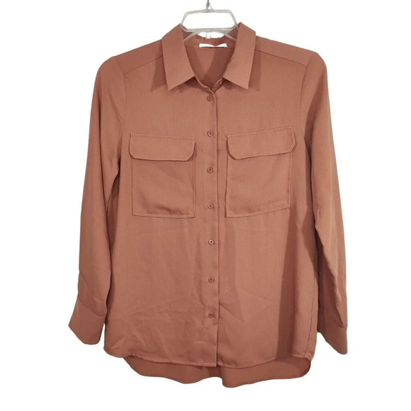 Elodie Tops - Elodie Brown Button Up Collared Top Women Size M Long Sleeve Pockets Casual Work